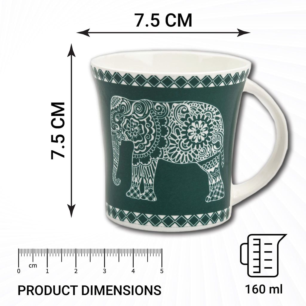 Femora Turquoise Majestic Elephant Design Tea Cups, Ceramic Tea Cups, Coffee Mugs (160 ml) - 6 Pcs Set (Green)