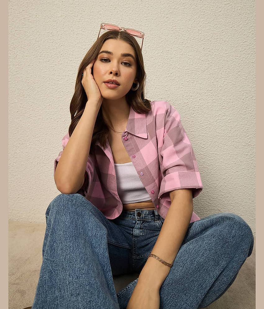 Chimpaaanzee Women Checked Cotton Shirt ( Pink )
