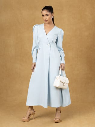 Blue Solid Wrap Fit And Flare Midi Dress-XS