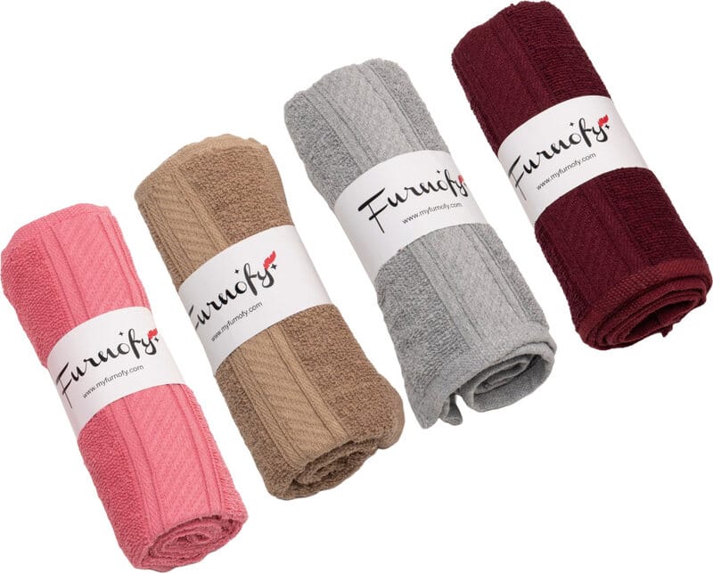 Furnofy Cotton 450 GSM Hand Towel Set Pink, Beige, Grey, Merun (Pack Of 4)