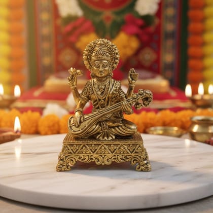 Brass Saraswati Ji Idol Statue, Small Size for Home Temple, Height : 2.5 Inch (BSMAS1920 F)