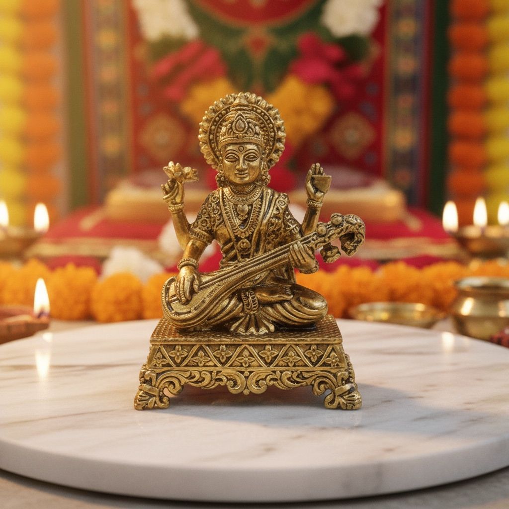 Brass Saraswati Ji Idol Statue, Small Size for Home Temple, Height : 2.5 Inch (BSMAS1920 F)