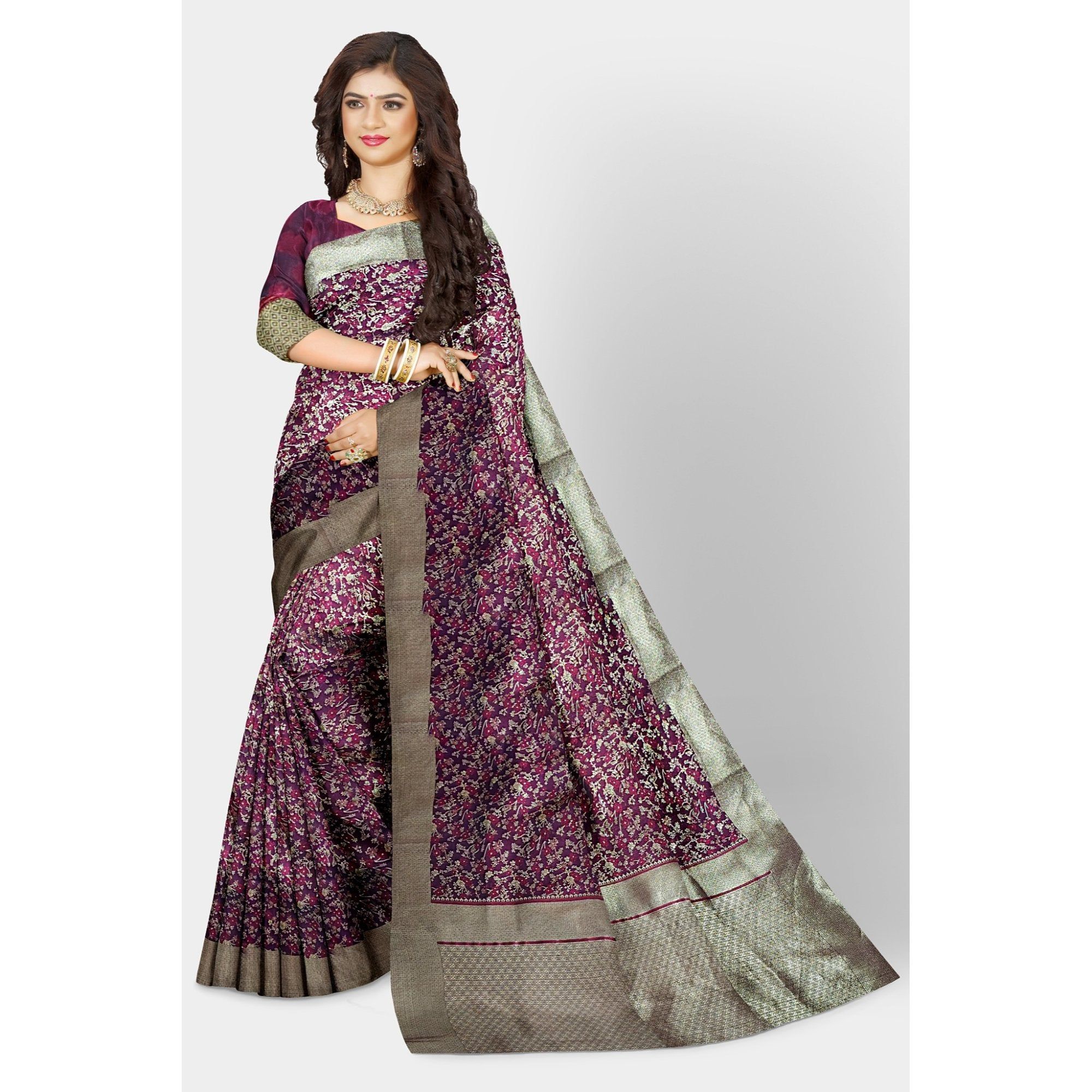 TheHangr Purple Jacquard Silk Saree With Royal Golden Work All Over The Body