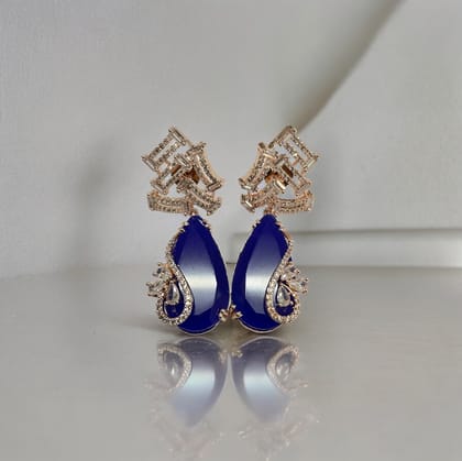 Roseate Tear Glamour Earrings-Blue / Rose Gold / Free Size
