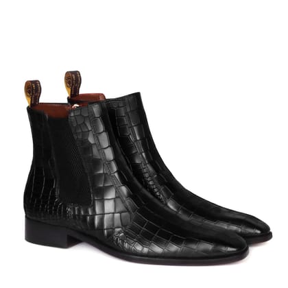 Black Deep Cut Leather Chelsea Boots with Zip Closure-45/11