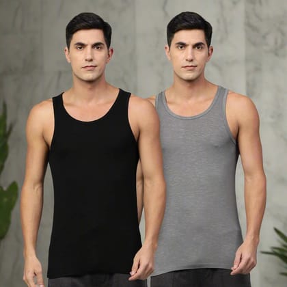 Heelium Bamboo Vest for Men - Pack of 2-Small - 84 cm | 33 in / Black | Dark Grey