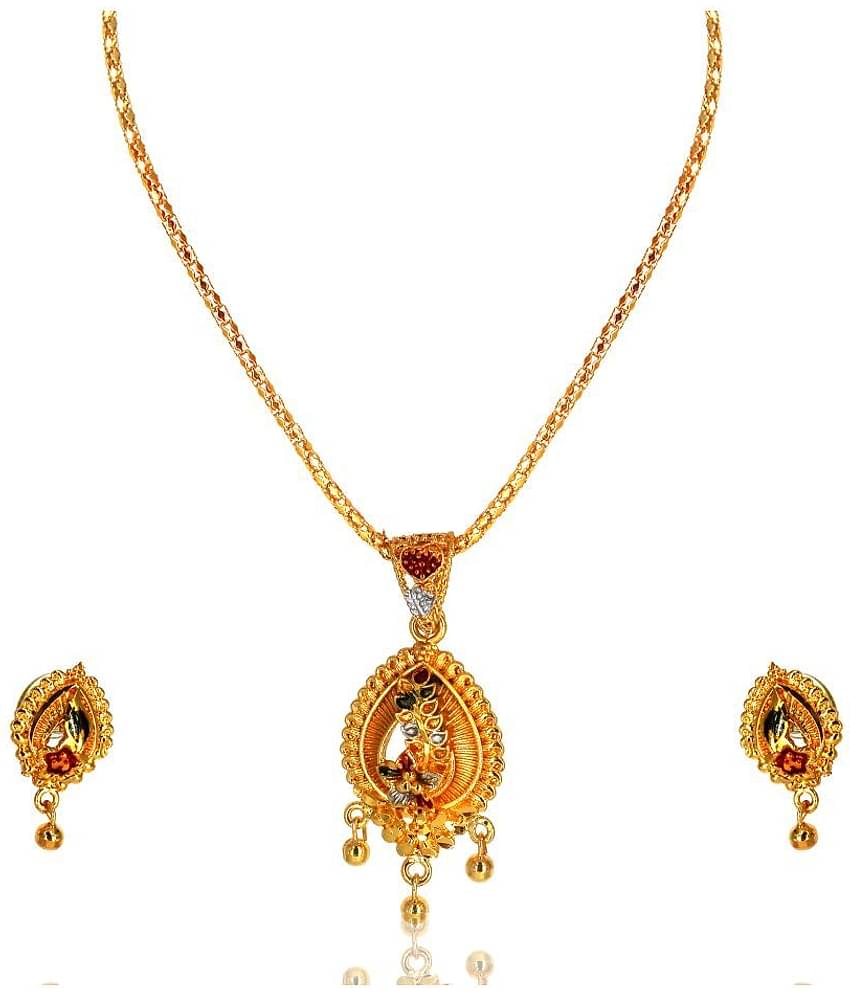 SHANKH-KRIVA NON ADJUSTABLE GOLD PLATED MEENA KARI PENDANT SET WITH 18"INCH CHAIN AND EYERINGS-100408