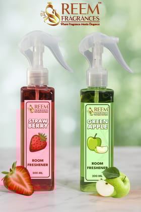 Reem Fragrances Room/Air Fresheners | 400 ml Combo (200 ml each) | Strawberry & Green Apple | Long Lasting & Gas Free