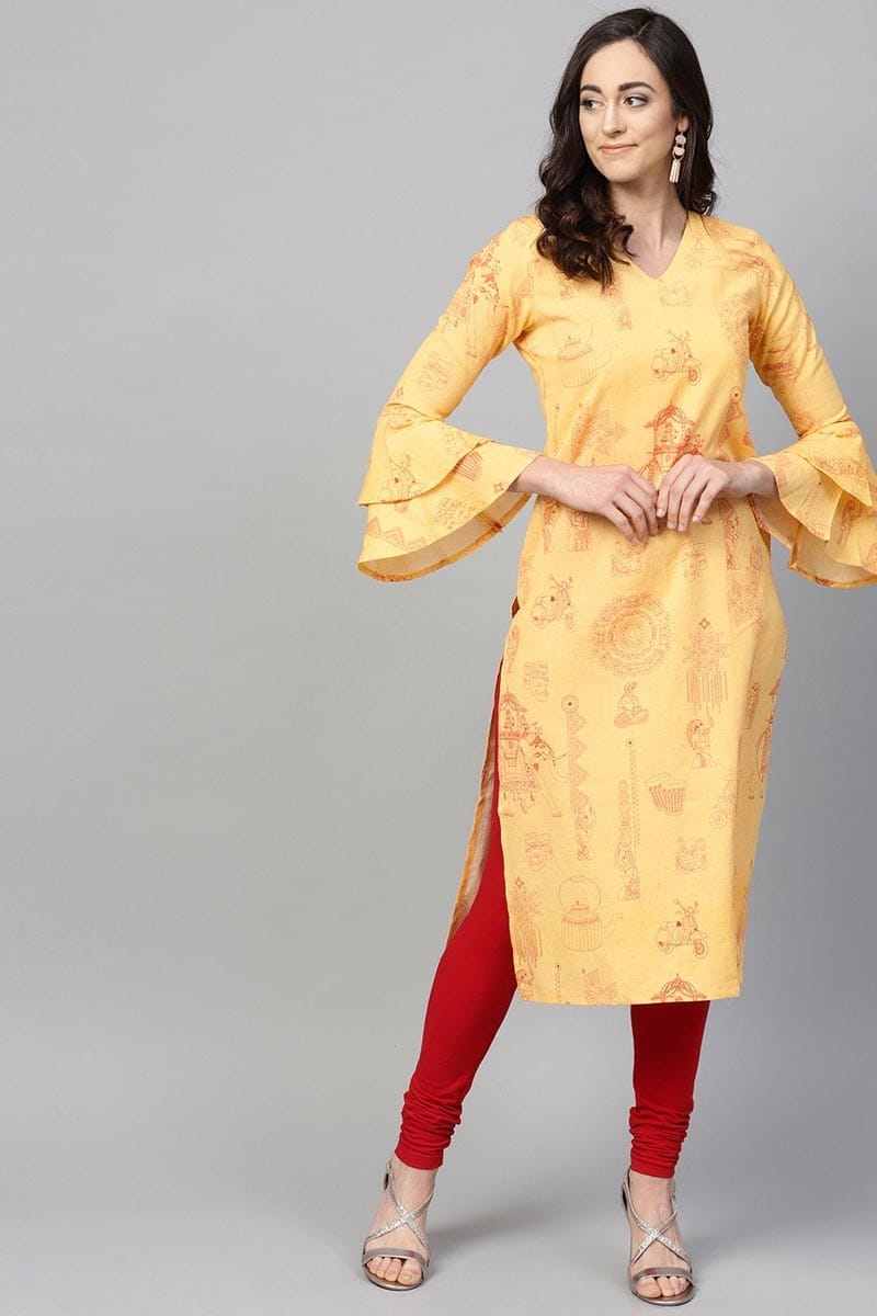 Women Cotton Fabric Yellow Color Printed Trendy Kurti VCK1122
