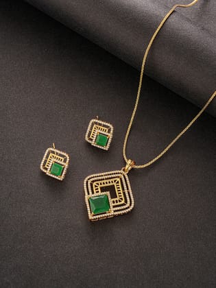 Gold Plated Emerald Green AD Minimal Desiigner pendant Jewellery Set