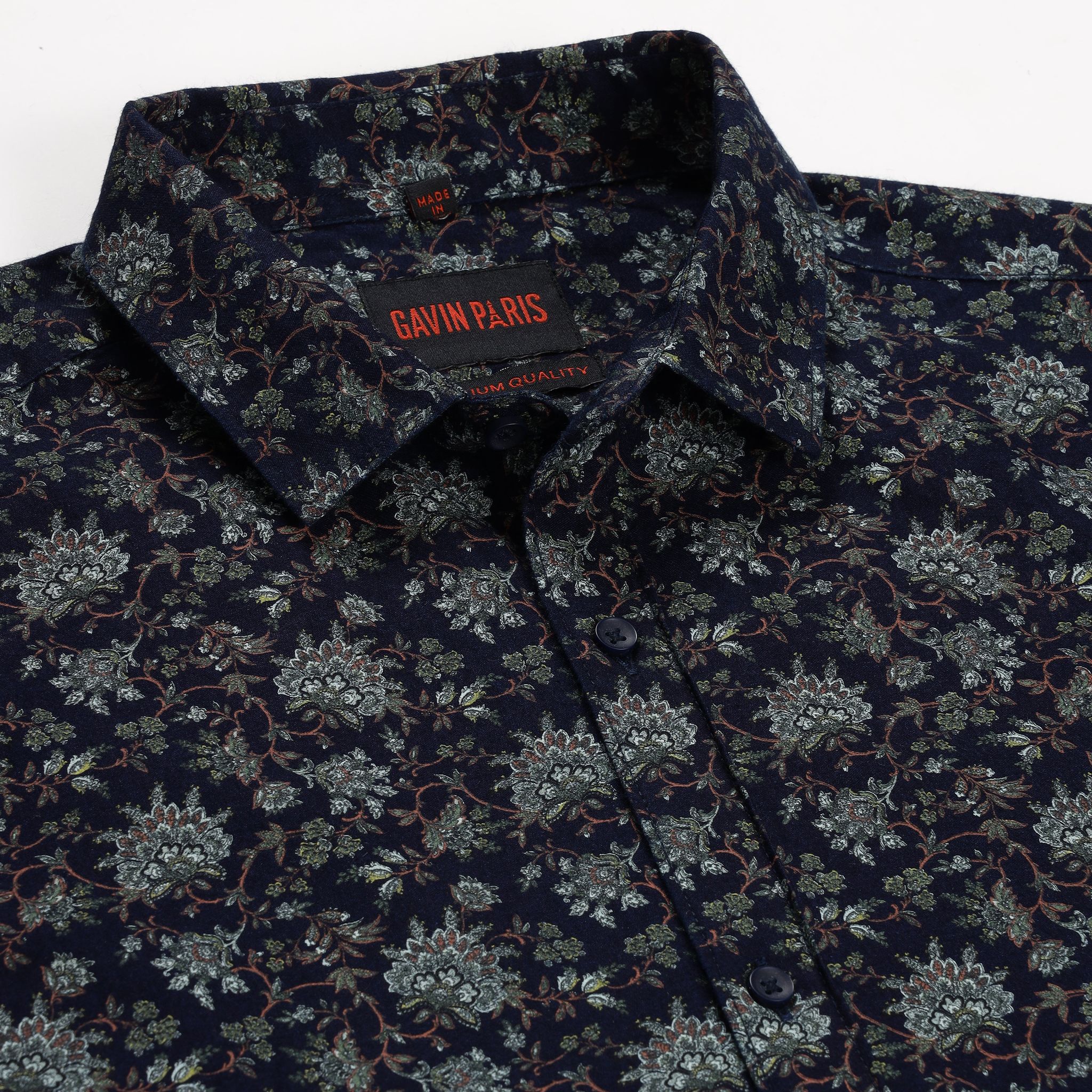 Navy Blue Floral Print Slim Fit Full Sleeve Shirt (GP143)-M-38 / Full Sleeve