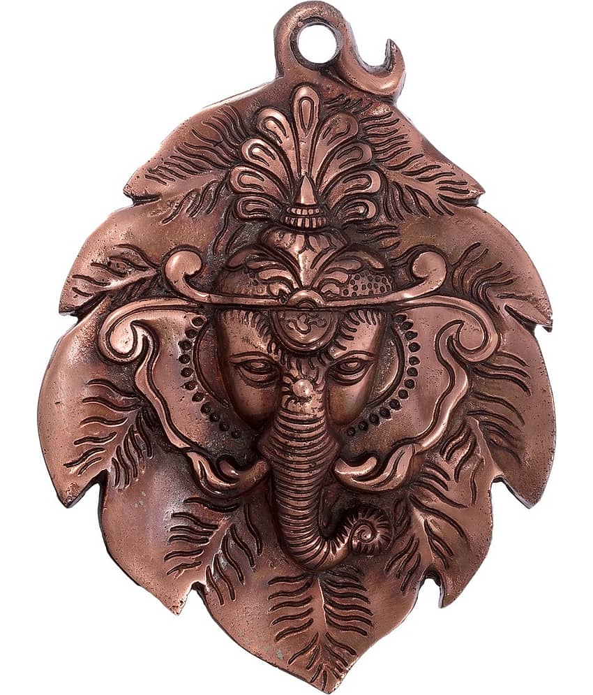 eCraftIndia Metal wall hanging of Lord Ganesha Head on Creative Leaf