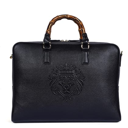 Bamboo Handle Black Laptop/Office Briefcase in Textured Leather-FS