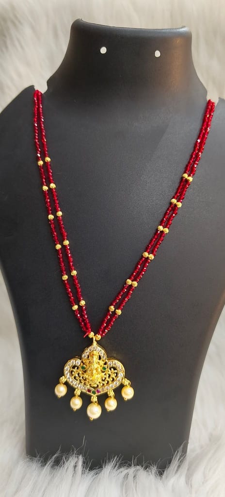 Traditional Indian Gold Plated Temple Pendant Necklace Set with Red Beads