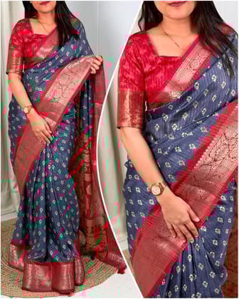 New Function Wear Muslin Cotton Print With Zari Jacquard Border n Tussels Work Fancy Designer Saree-Grey