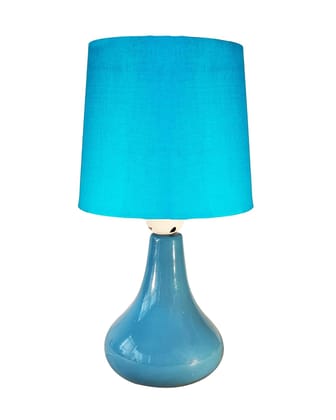 Modern Small Ceramic LED Table Lamp, Classic Bedside Desk Lamp For Living Room Bedroom, Farmhouse Nightstand Lamps With Fabric Shade (Blue)