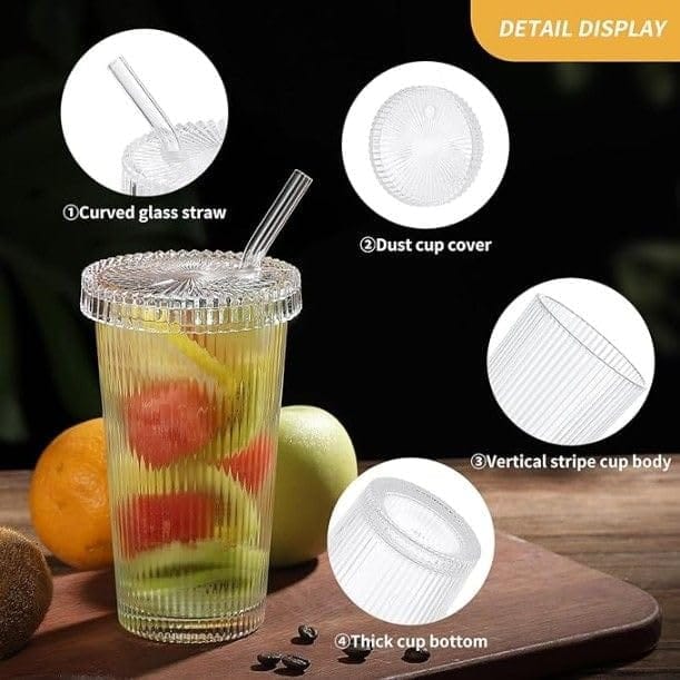 Glass Tumbler with Lid and Straw,380 ML,Set of 1,Stripe Drinking Sipper for Water,Iced Tea, Milk, Juice, Coffee & Hot/Cold Drink, Perfect for Home, Office, Party and Travel, Gift for Man/Women