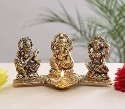 Design Gold Plated Lakshmi Ganesh Saraswati Idol with Deepak Showpiece - Pooja Needs | Buy online on ZillyBuy