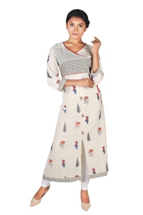 Women's Cotton V Neck, Front Self-Work, Handloom Cotton Long Kurta (Color:- Off-White)