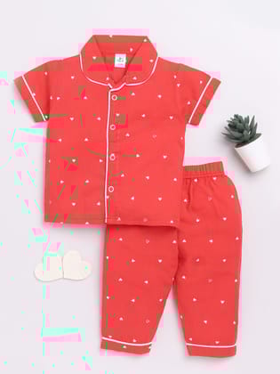 Red Heart Print Half Sleeve Night Suit-6-9 m