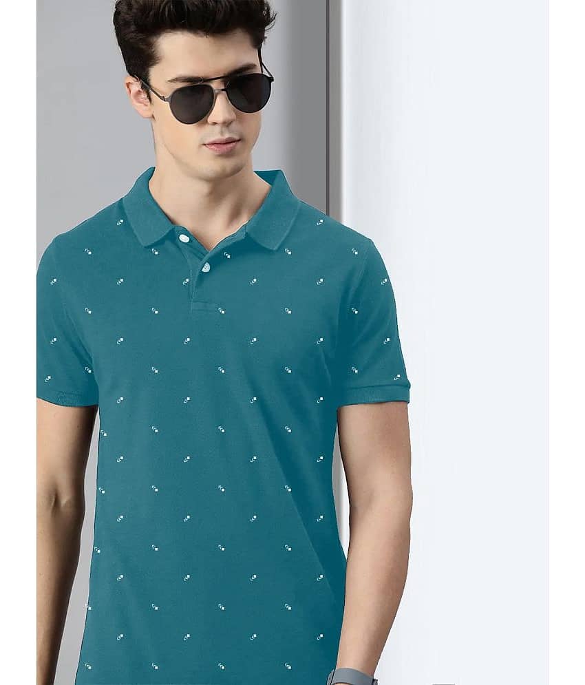 Merriment Pack of 1 Cotton Blend Regular Fit Printed Half Sleeves Men's Polo T Shirt ( Teal Blue )