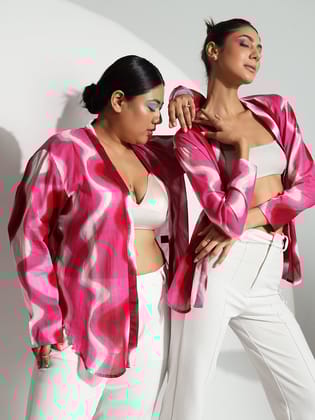 Front Open Abstract Print Jacket - Pink-3XL