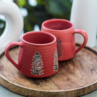 Handcrafted Red Ceramic Coffee Mug Pack Of 2 Unique Tree Design