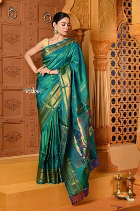 Shubh ~ Handloom Pure Silk Maharani Paithani with Majestic Maharani Pallu in Saphire Blue Green