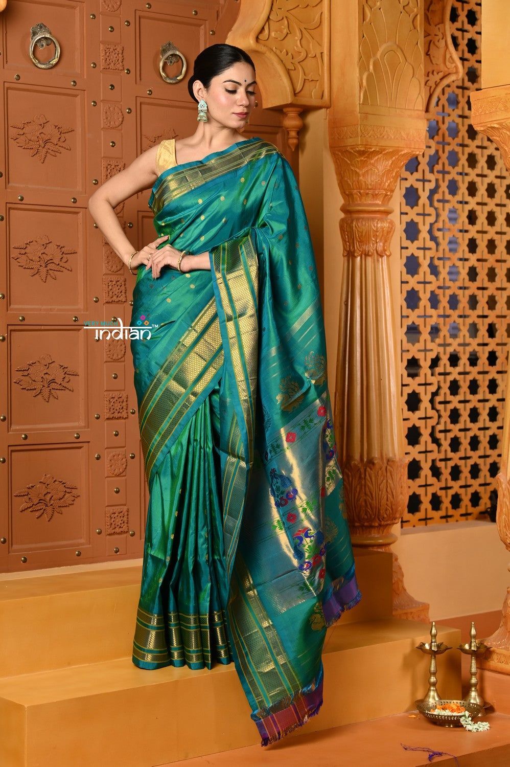 Shubh ~ Handloom Pure Silk Maharani Paithani with Majestic Maharani Pallu in Saphire Blue Green
