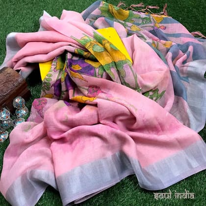 Linen floral saree with zari border