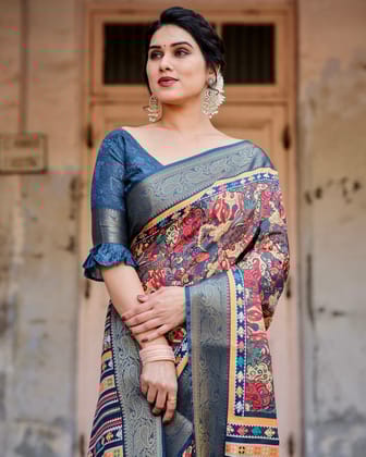 Multicolor Tussar Silk Saree with Vibrant Floral Weaves and Striped Pallu-Regular