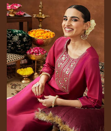 Janasya Women Chanderi Embroidered Straight Kurti ( Pink )