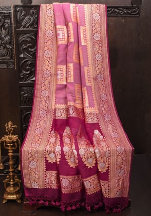 Pink Banarasi Pure Chiffon Saree with Alfi Geometric Jaal  | SILK MARK CERTIFIED