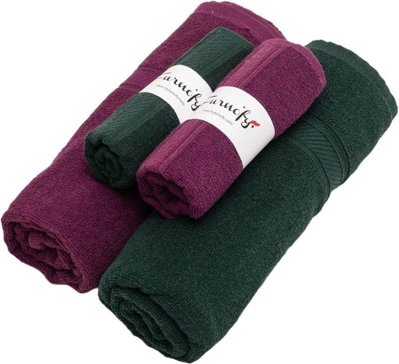 Furnofy Cotton 450 GSM Bath, Hand Towel Set Magenta, Green (Pack Of 4)