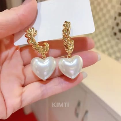 Geometric Heart Pearl Drop Hoop Earring