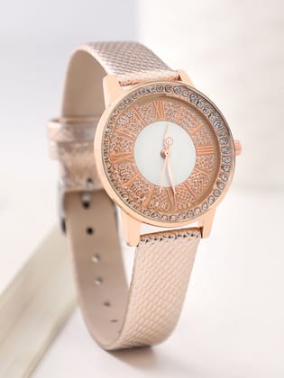 Gold & White Crystal Stone Analog Round Dial With Gold Textured Leather Strap-Watches