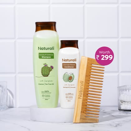 Naturali Dandruff Defence Shampoo + Damage Repair Conditioner + Organic Wooden Neem Comb-370ml+180ml+1piece