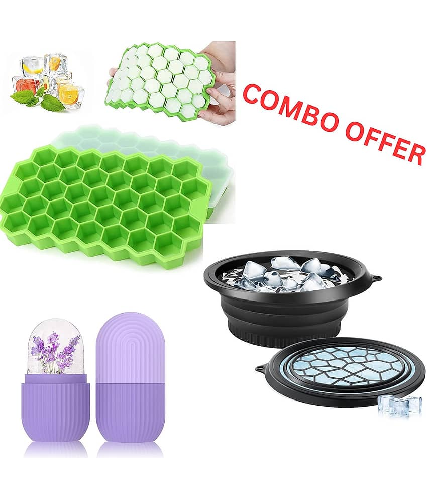 3 PCS Ice Cube Tray Combo with Lid & Ice Roller for Face, Silicone Honeycomb Ice Tray + Round Ice Maker Mold + Facial Ice Roller, Reusable Ice Mold Set for Kitchen & Skincare
