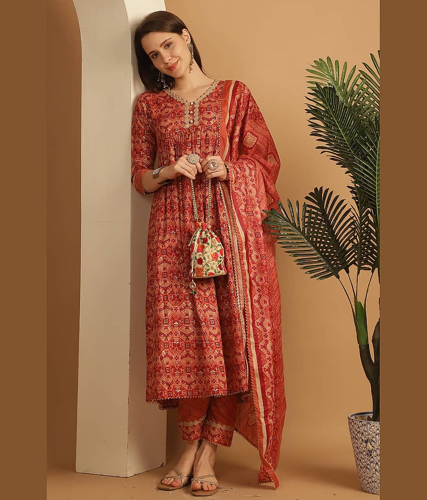 Rajnandini Cotton Printed Kurti With Pants Women's Stitched Salwar Suit - Orange ( Pack of 1 )
