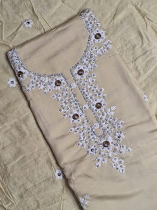 Light Yellow Colour Thread Work Unstitched Suit Fabric with Dupatta-Free Size / Pastel Yellow