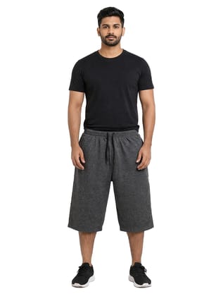 Charcoal Melange Men Cotton 3/4 Shorts With Drawstring