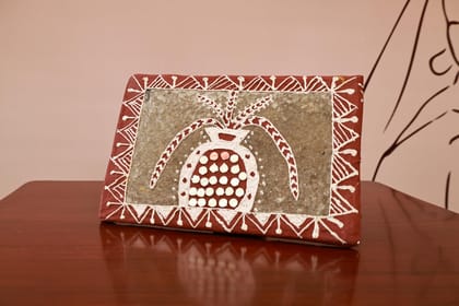 Handcrafted Tulip Tribal Art Wall Decor, Terracotta Stone Plaque with Pomegranate Design, Traditional Indian Warli Pattern Handcrafted Tulip Tribal Art Wall Decor, Terracotta Stone Plaque with Pomegranate Design, Traditional Indian Warli Pattern