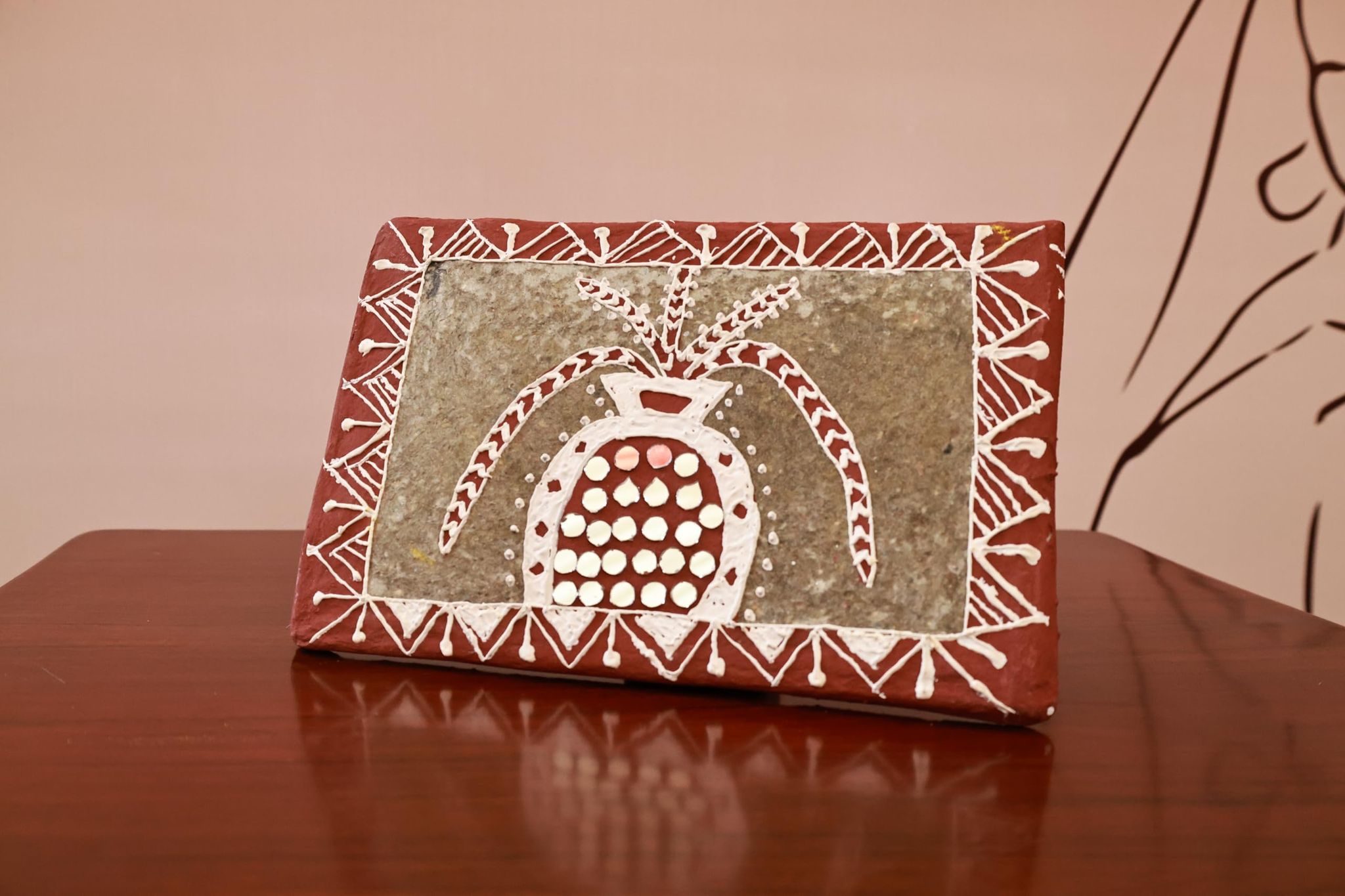 Handcrafted Tulip Tribal Art Wall Decor, Terracotta Stone Plaque with Pomegranate Design, Traditional Indian Warli Pattern