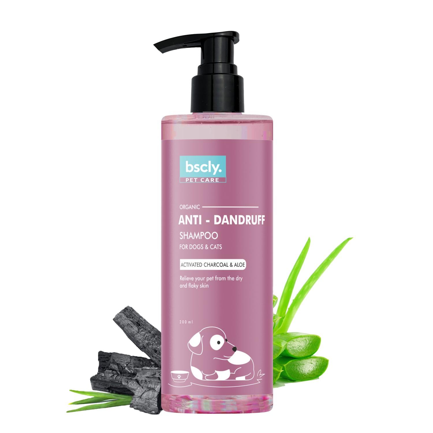 Bscly Anti Dandruff Dog Shampoo with Activated Charcoal & Aloe | Dog Shampoo for Pomeranian, Shih tzu Puppy, German Shepherd, Labrador & Golden Retriever, Dogs Shampoo, 200 ml
