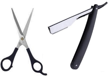 Elecsera Stainless Steel Hair Cutting & Thinning Scissor For Men, Women, Salon Scissors with Barber's Design Plastic Handle Razor Blade Holder Stainless Steel Scissors (Set of 2, Black, Steel)