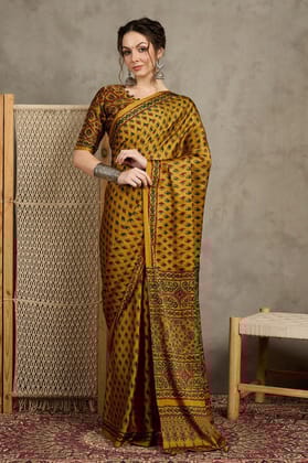 Yellow And Maroon Ajrak Crepe Block Print Sarees