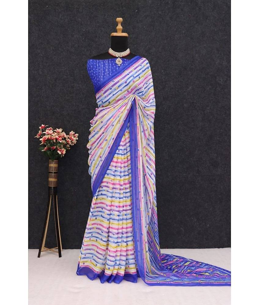 Gullak Georgette Printed Saree With Unstitched Blouse Piece ( White )