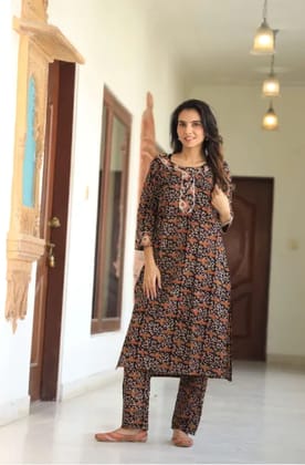 Beige And Brown Cotton Premium And Elegant Kurti With Pant For Women