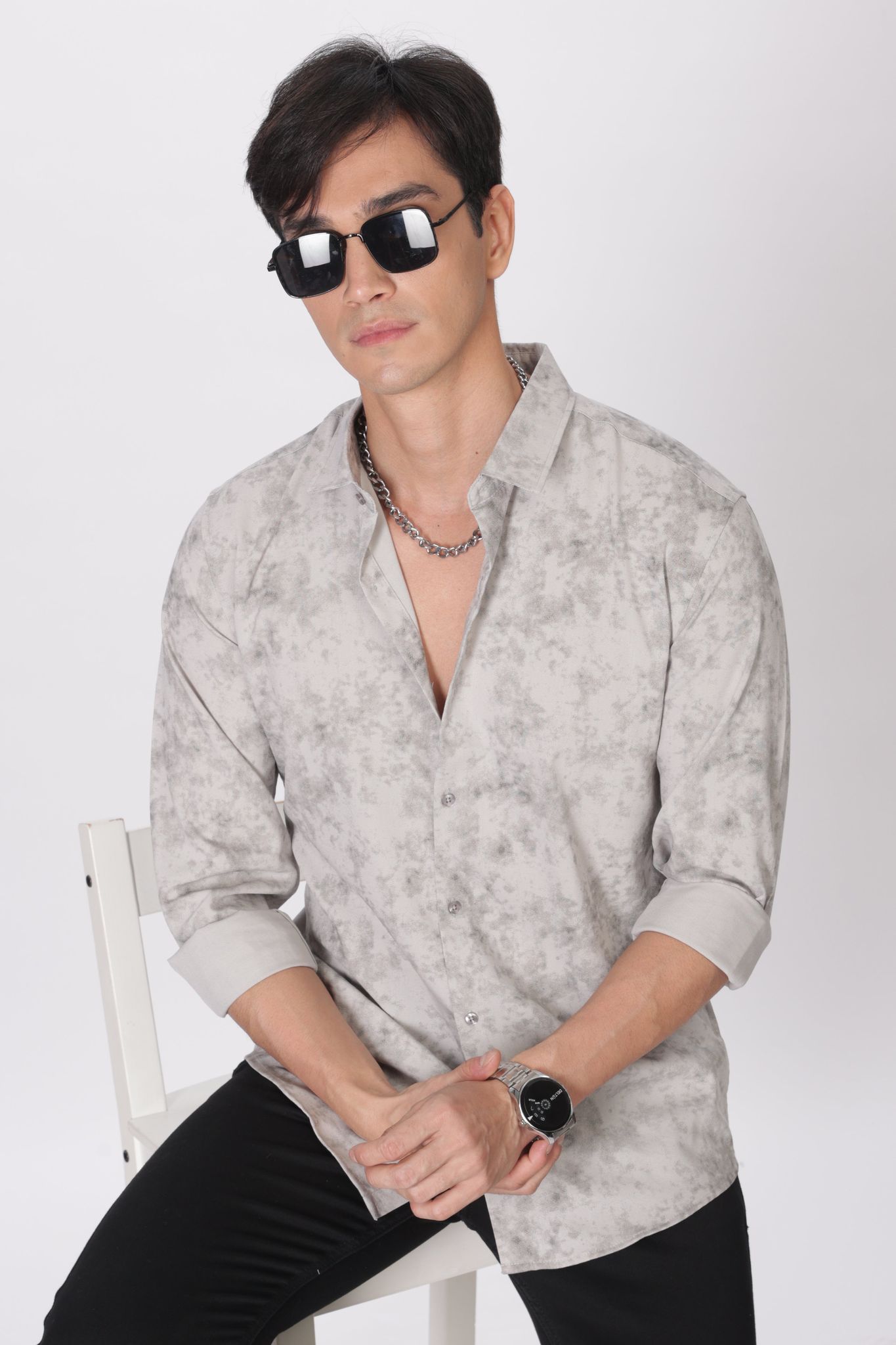 Gray Slim Fit Self Design Casual Shirt-S