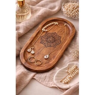 Wooden Jewelry Tray, Oval Shape, L x B x H = 10 x 5 x 0.5 Inch Floral Design, Natural Wood Finish, Organizer for Rings, Necklaces, Earrings And Snacks Serving (Round engraved 1)